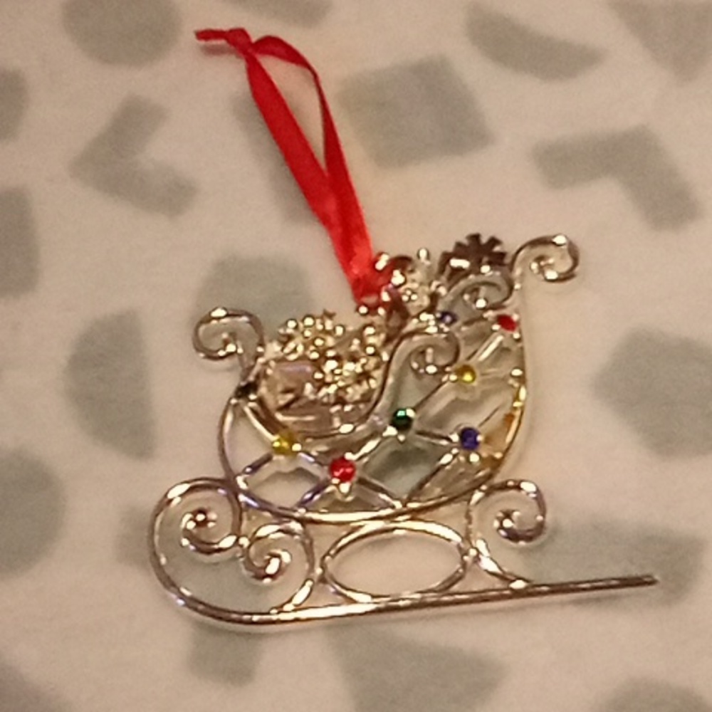 NWOT Lenox Sparkle and Scroll Sleigh Ornament Multi-Colored Gems Silver plated
